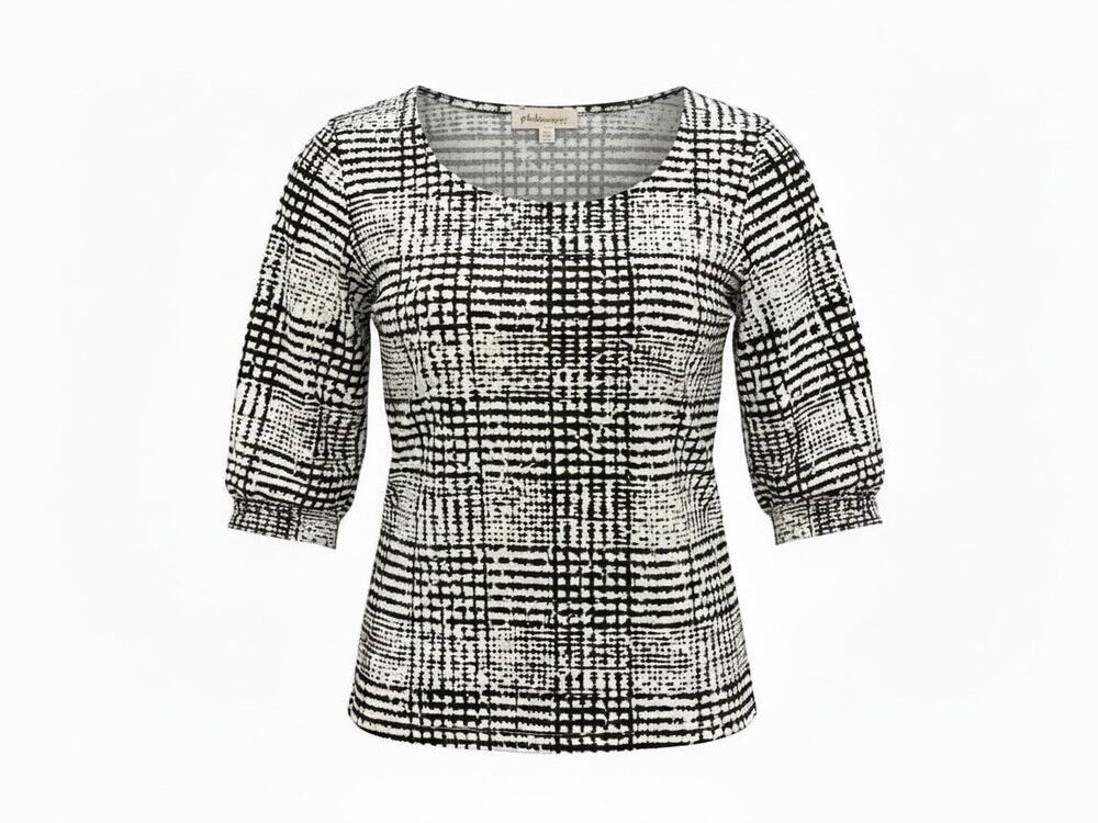 NWT L Philosophy Black White Abstract Grid Plaid 3/4 Sleeve Knit Blouse